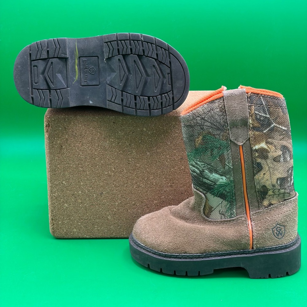 Game Winner Hunting Boots Youth Boys J7 Brown Camo Leather Canvas Outdoor Cowboy